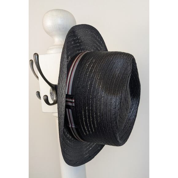 VTG Haband Black Straw Fedora Hat Medium 22" Gray Striped Hatband Made in USA - Picture 11 of 11